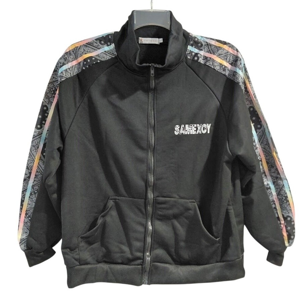 SAME XOY Black Track Jacket Paisley Stripe Print Full Zip Funnel Neck Women XL